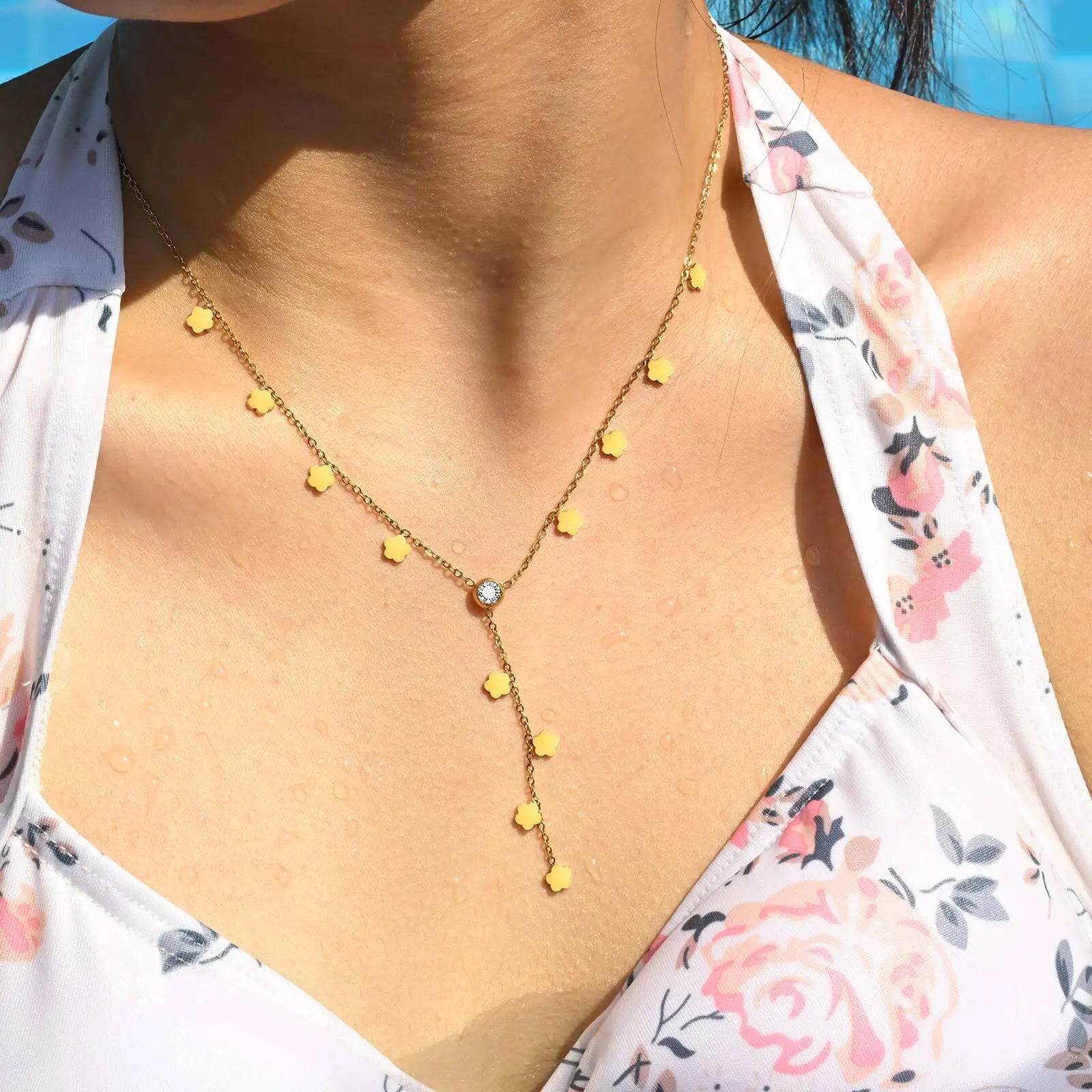 Flower Drop Necklace - Stainless Steel Y Shape Layered Floral Jewelry