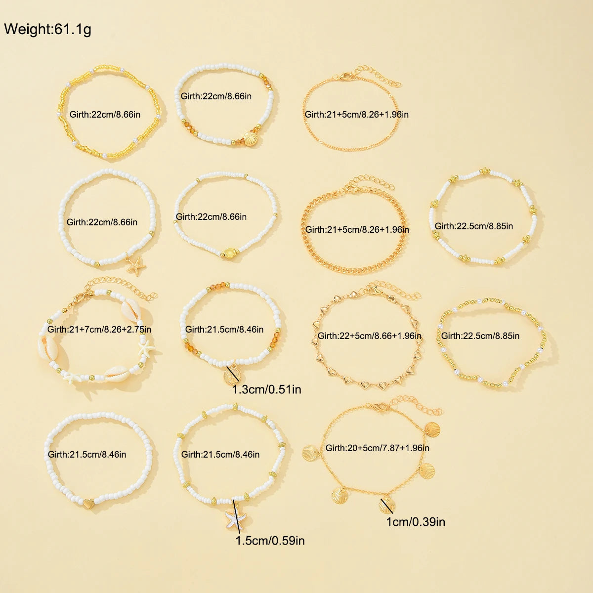 14Pcs/Set Bohemian Rice Beads Starfish Shell Anklet Sets for Women Retro Gold Color Multilayer Foot Chain Vacation Jewelry Gifts