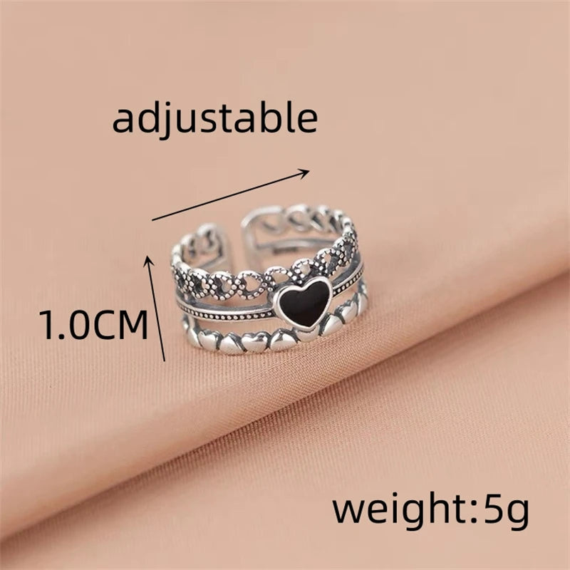 Retro Carved Three Layer Heart Ring - Adjustable Open Band for Men Women