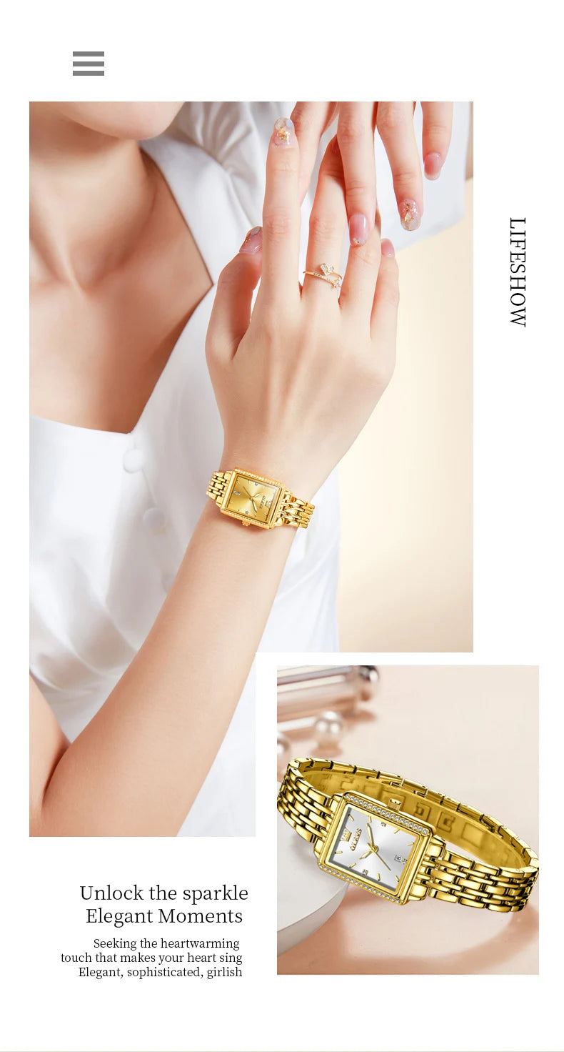 OLEVS Women's Watches Luxury Golden Stainless Steel Woman Watch Luminous Waterproof Quartz Wrist Watch Fashion Watches for Women
