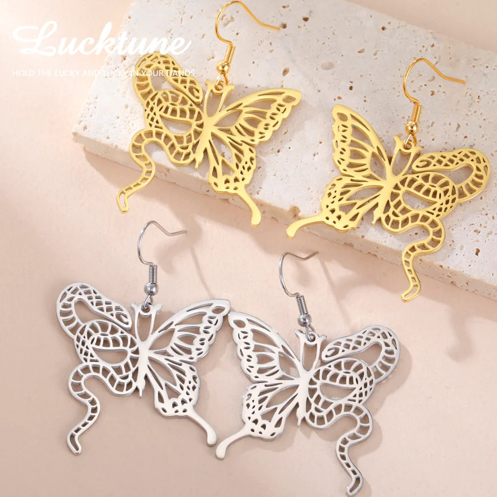 Lucktune Butterfly Snake Drop Earrings Stainless Steel Animals Earrings For Women Fashion Jewelry Woman Accesories Party Gifts