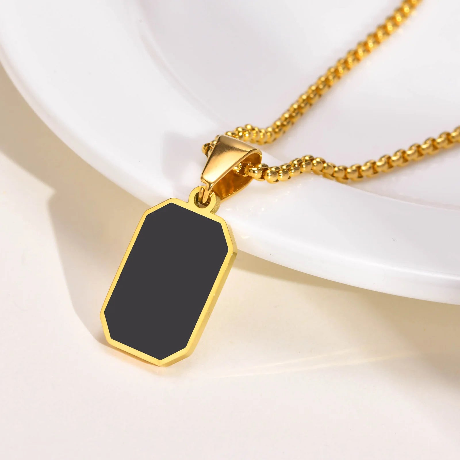 Casual Mens Geometric Square Necklaces,Black Enamel Rectangle Pendant with Rope Box Long Chain Collar,Stylish Jewelry Gifts