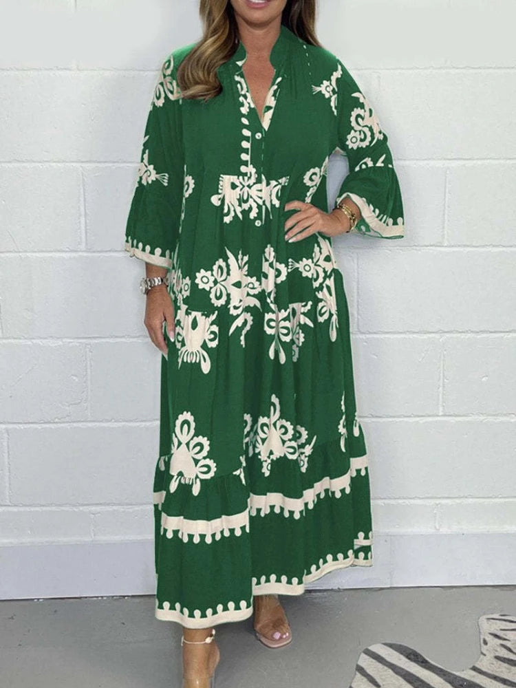 2024 Autumn Fashion New Women's Commuting Style Casual Printed Dress Loose Single Breasted Horn Sleeve Elegant Dress