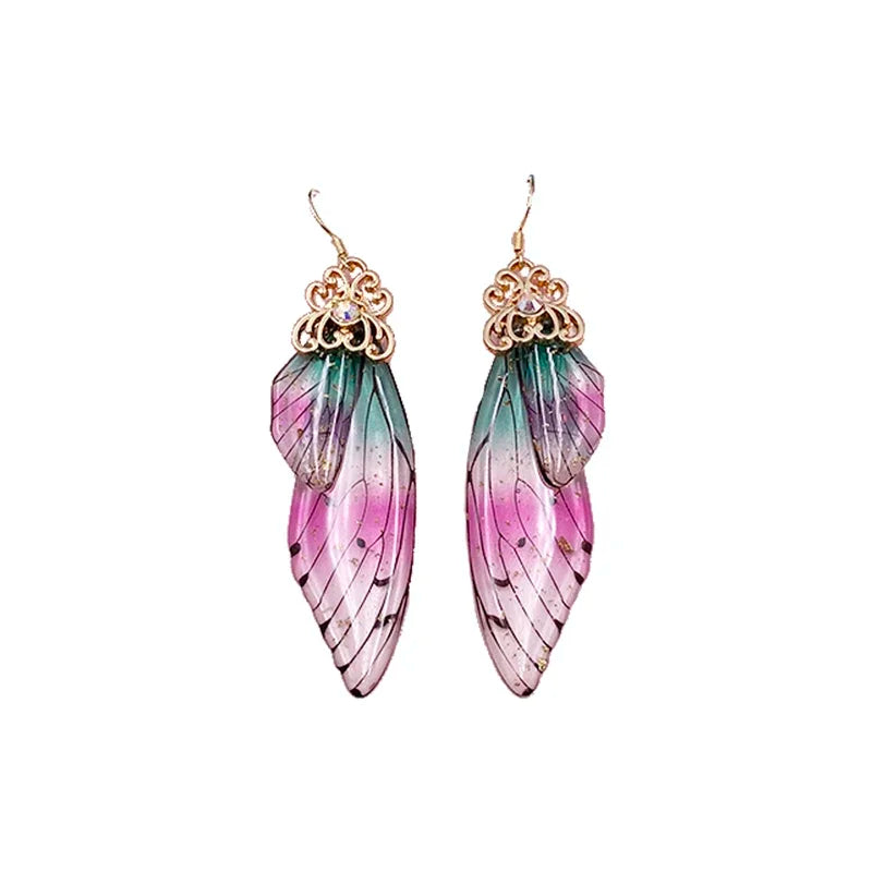 Handmade Fairy Simulation Wing Earrings Insect Butterfly Wing Drop Earrings Foil Rhinestone Earrings Romantic Bridal Jewelry