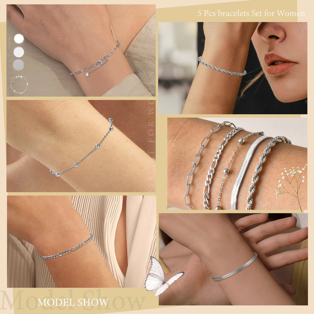 5PCS/Set Women Gold/Silver Color Bracelets,Stainless Steel Lady Geometric Fashion Charm Chain,Multi Layers Dainty Girl Jewelry