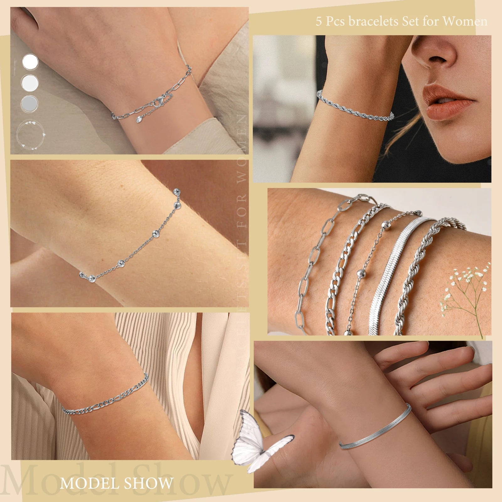 5PCS/Set Women Gold/Silver Color Bracelets,Stainless Steel Lady Geometric Fashion Charm Chain,Multi Layers Dainty Girl Jewelry