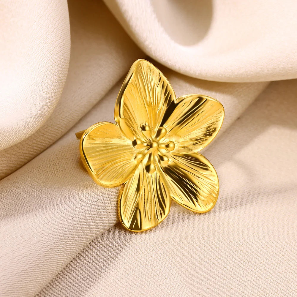 Elegant Stainless Steel Big Bloom Flower Rings For Women Gold Color Sun Starfish Open Ring Finger Jewelry Wedding Her Gift Punk