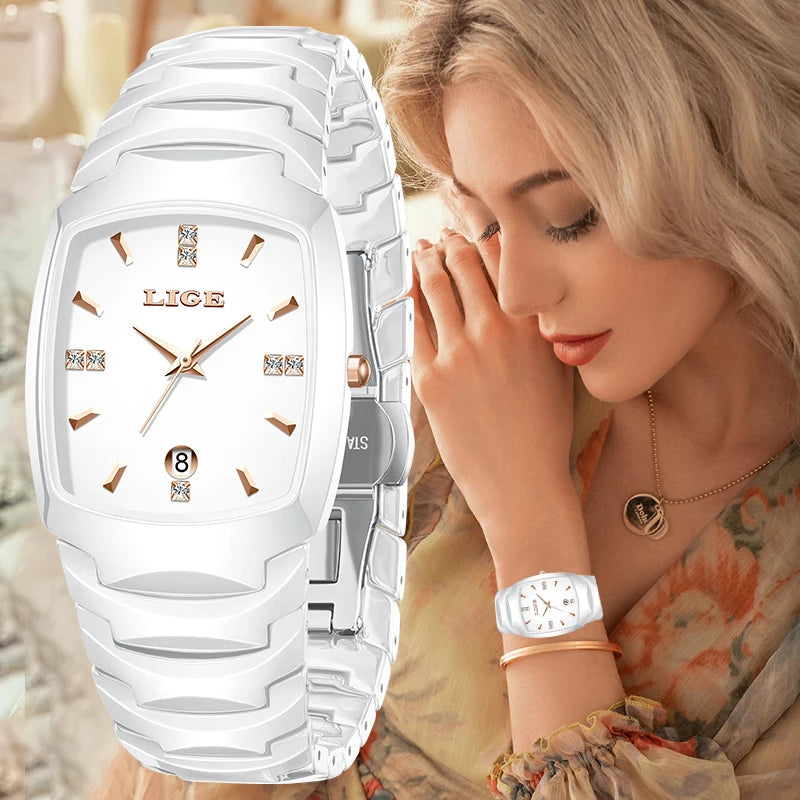 LIGE Fashion Luxury Ceramic Watch - Simple Elegant Calendar Women