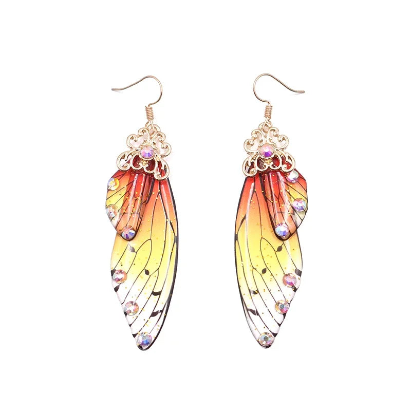 Handmade Fairy Simulation Wing Earrings Insect Butterfly Wing Drop Earrings Foil Rhinestone Earrings Romantic Bridal Jewelry