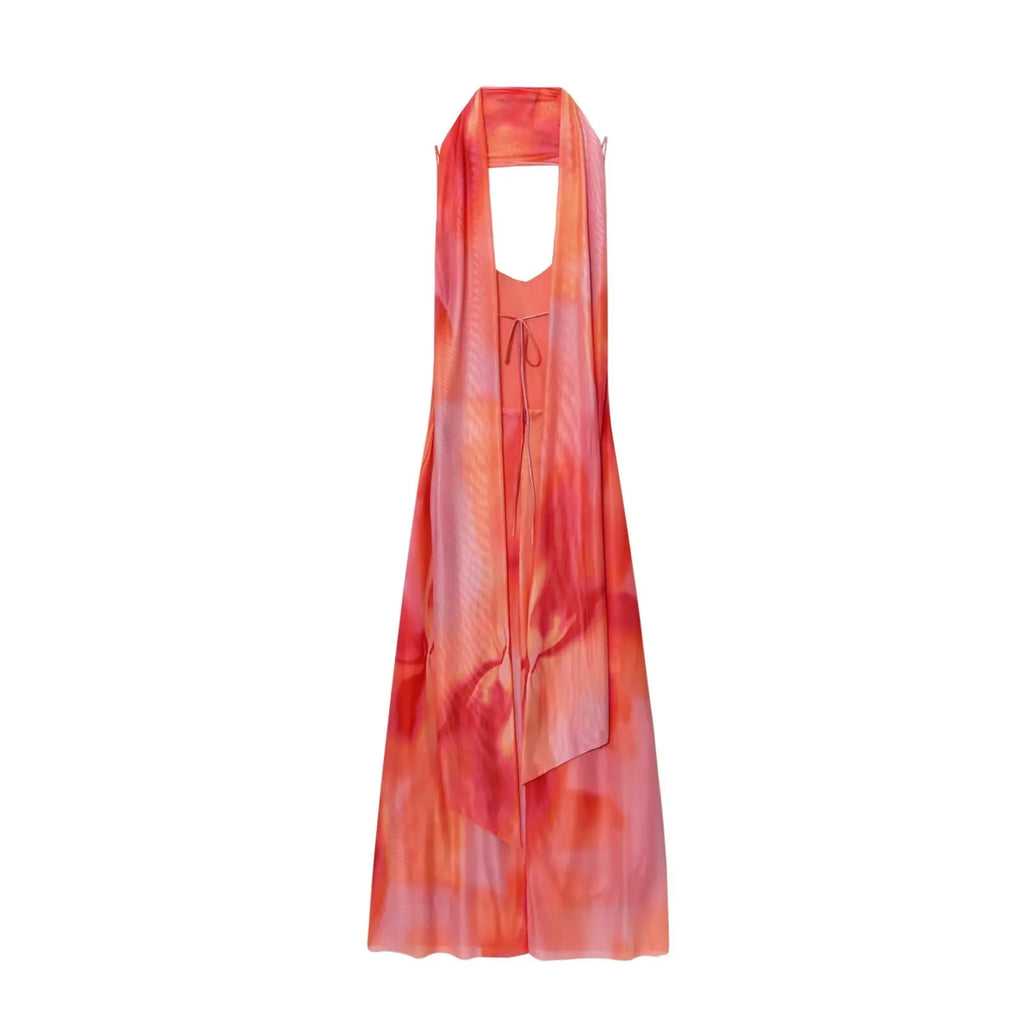 UNIZERA Scarf Printed Backless Long Dress 2025 Summer New Arrivals Women's Wear Elegant Satin Textured Dress