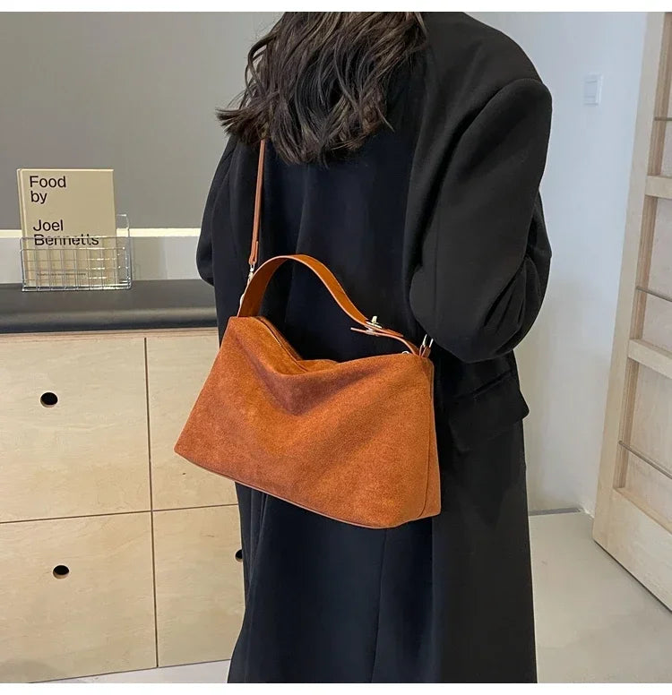 New Solid Color PU Zipper Women's Bag Suede Large Capacity Women's Shoulder Bag Fashion Versatile Casual Dual Purpose Handbag