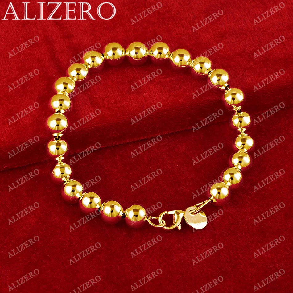 ALIZERO 18K Gold Bracelet 4/6/8/10/14MM Smooth Beads Ball Chain Bracelets For Woman Men Fashion Wedding Party Gift Fine Jewelry