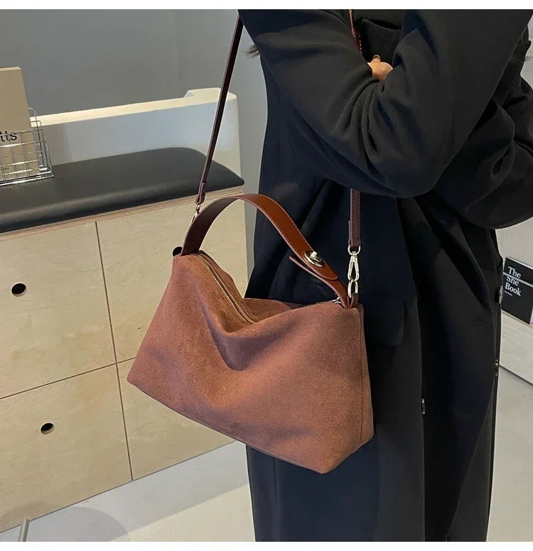 New Solid Color PU Zipper Women's Bag Suede Large Capacity Women's Shoulder Bag Fashion Versatile Casual Dual Purpose Handbag