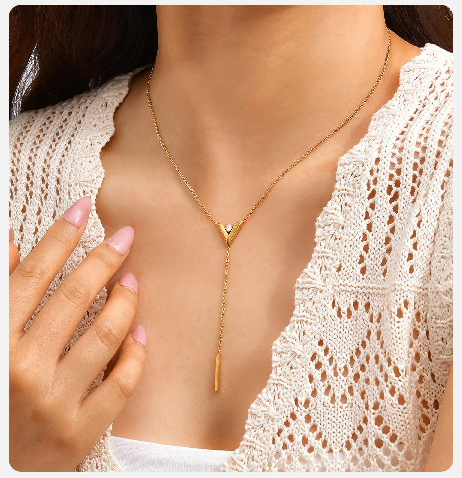 Vnox Women Trendy V Shaped Necklace With Small Pendant, Stainless Steel Y-shaped Necklaces, Jewelry Gifts Wholesale