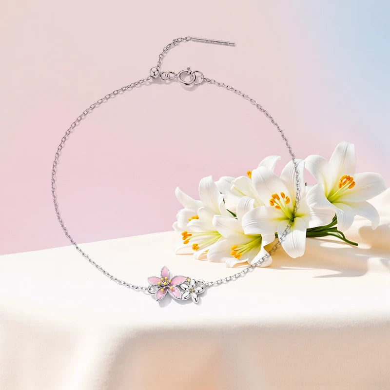 WOSTU 925 Sterling Silver Original Pink Sakura Bracelet Adjustable MINI Bracelet Chain Link Fit MINI Pendant Fashion Jewelry