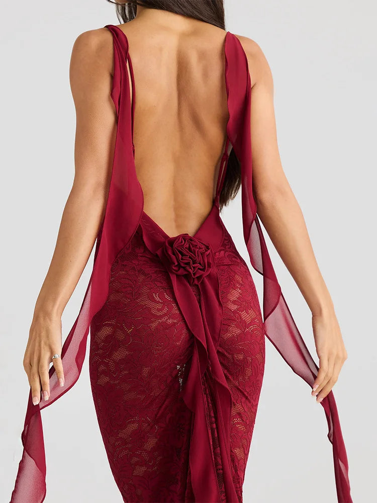 Articat Sexy Sleeveless Lace Patchwork Print Women Backless Party Evening Dress 2024 New Trailing Long Skirt Flowing Vestido