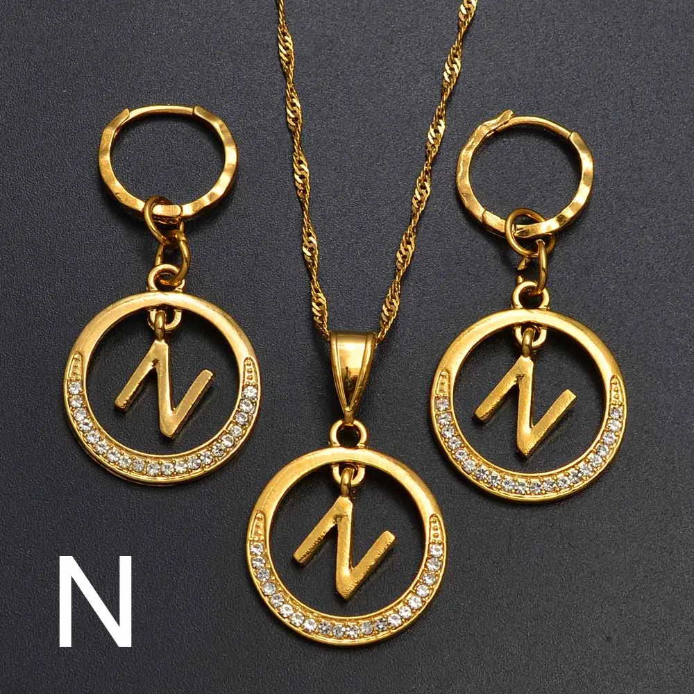 Anniyo A-Z Alphabet set Pendant Necklace and Earring set,Guam, Hawaii,African Initial Jewelry English Letters  #260306
