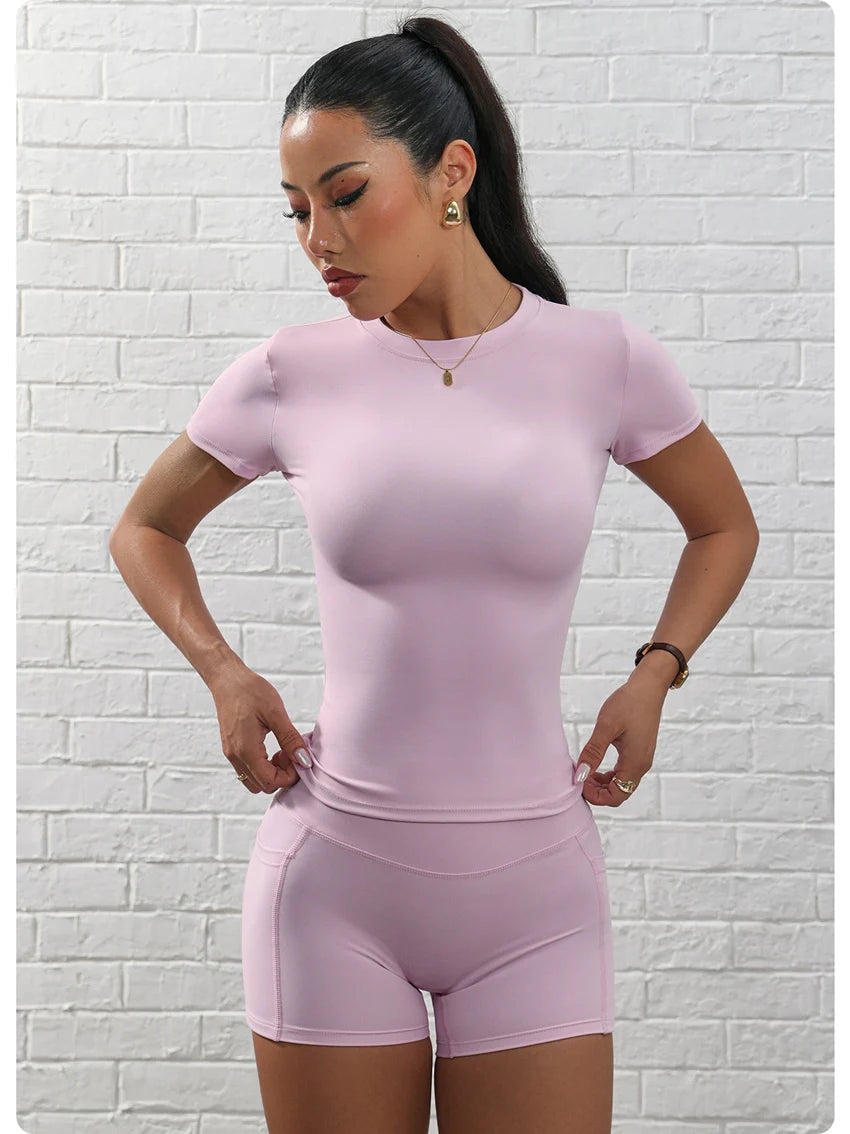 Seamless Yoga Set Women Workout Clothes Short Sleeve Crop Top Pocket Slim Gym Shorts 2 Piece Sports Suit Active Wear