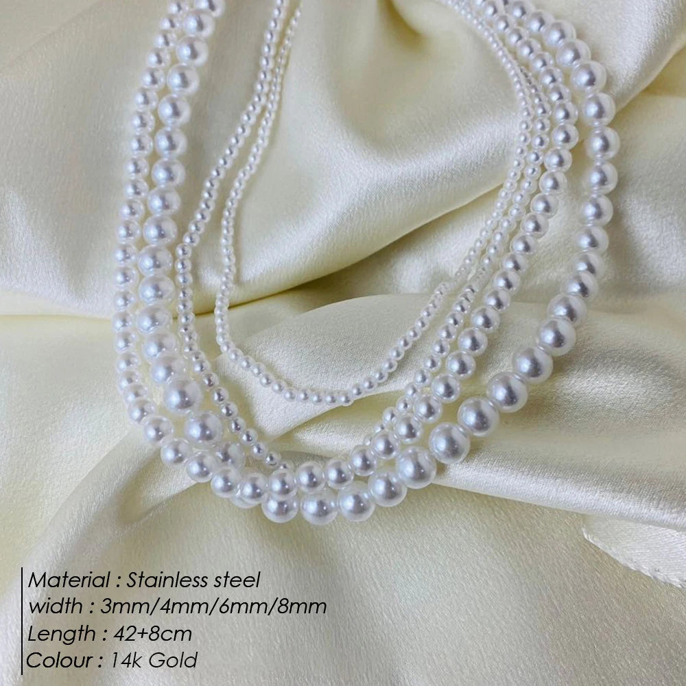 eManco New Imitation Pearl Necklaces Round Multi Size White Pearl Stainless Steel Necklace Women's Collarbone Chain