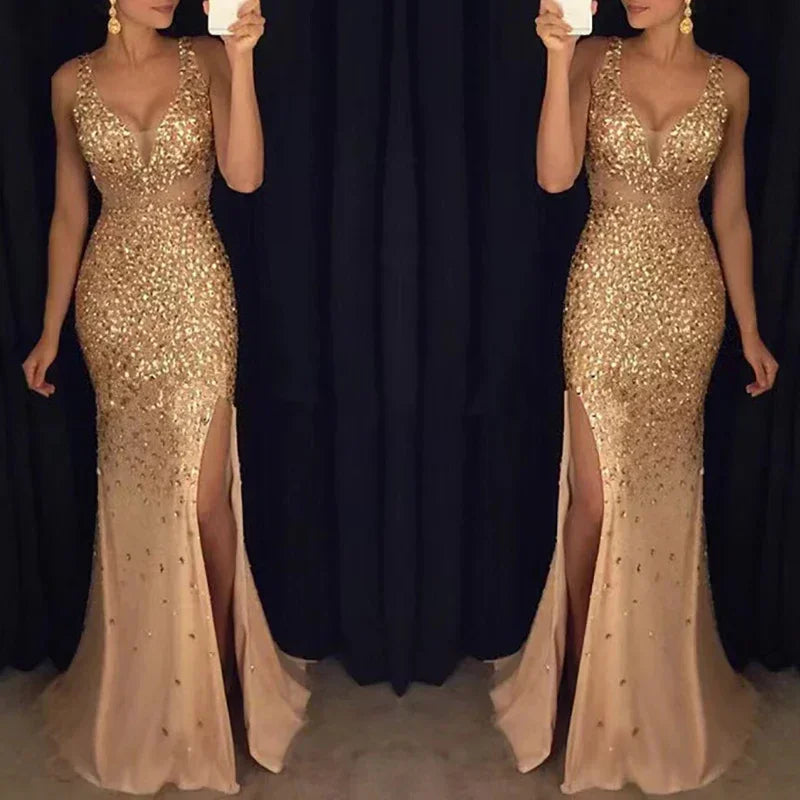 Fmxires 2025 Gold Dress - V-Neck Split Long Evening Gown