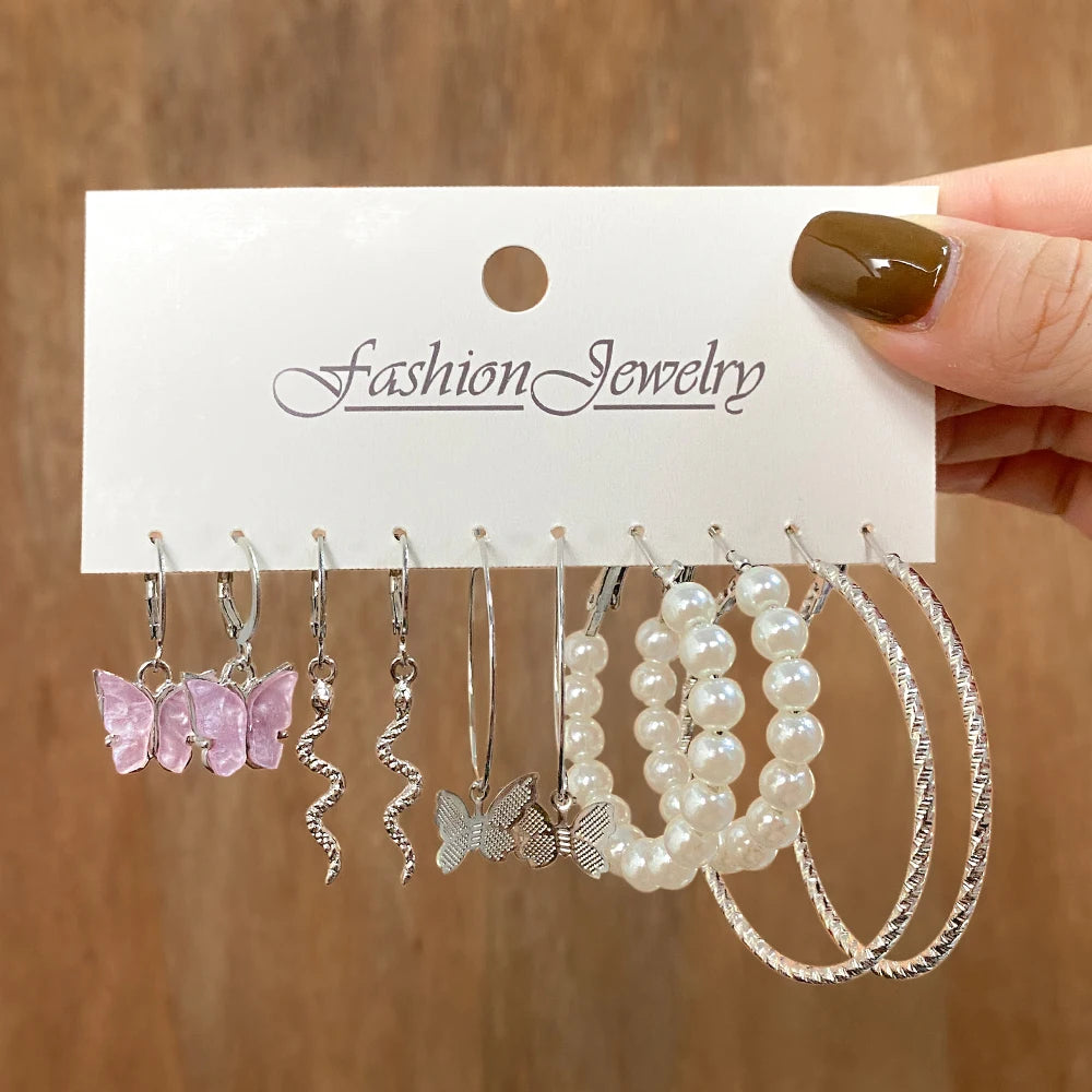 IPARAM Silver color Chain Pearl Bracelet Love Pendant Zircon Necklace Snake Butterfly Earrings Ring Fashion Jewelry Set