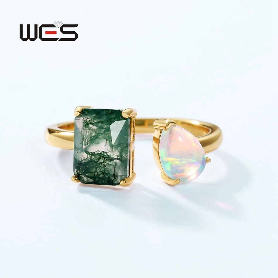 WES 925 Sterling Silver Open Ring for Woman Classic Unique Green Moss Agate Crystal Ring Engagement Gift Wholesale Oval Cut