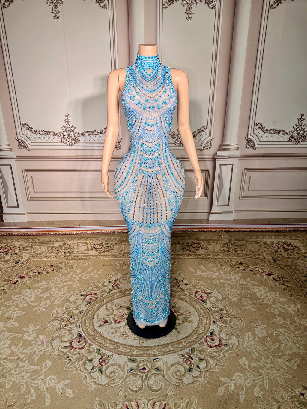 ZD Women's Sexy See Through Sheer Mesh Long Sleeve Hollow Out Rhinestone Decor Floor-length Party Dress