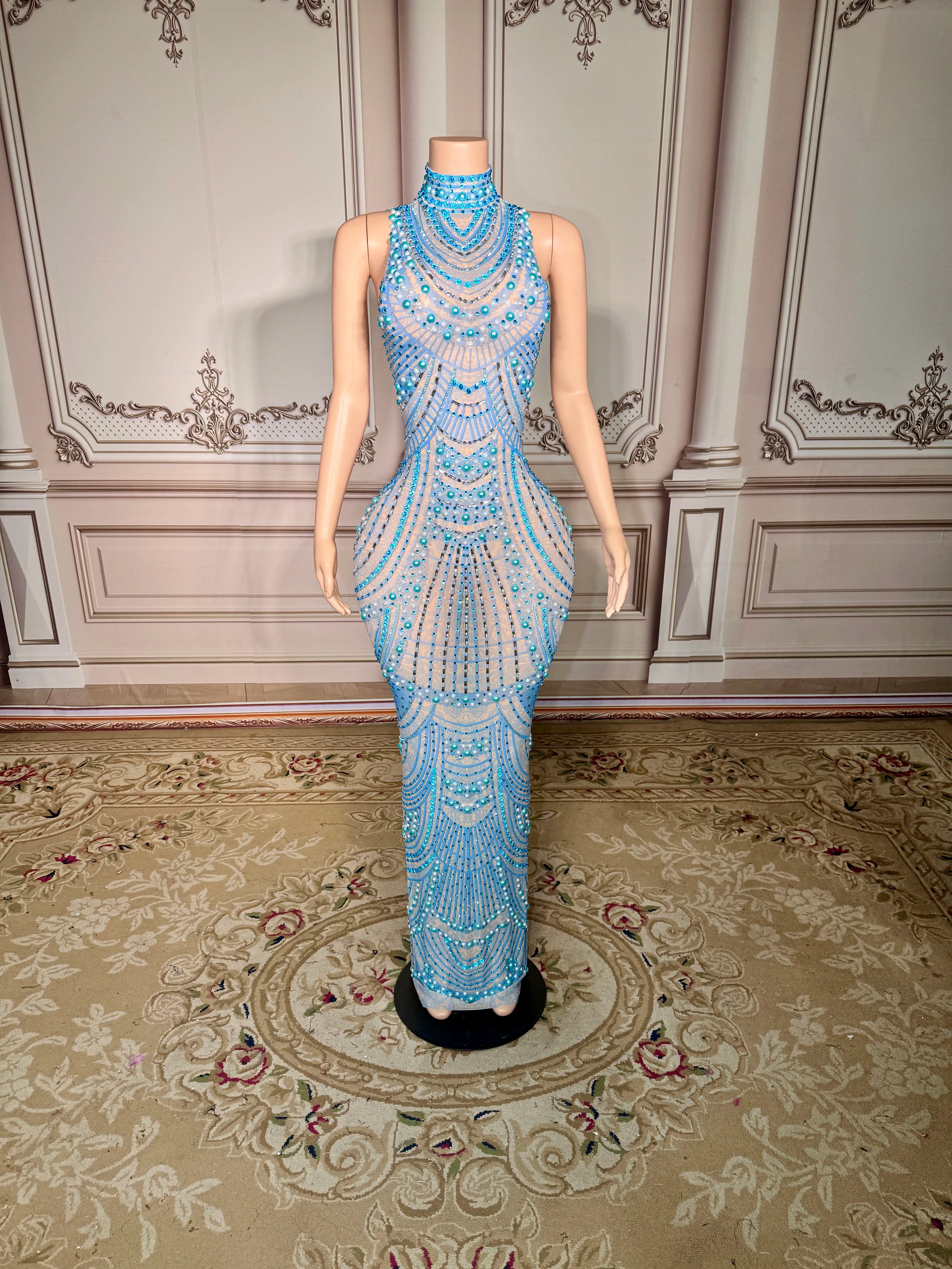 ZD Women's Sexy See Through Sheer Mesh Long Sleeve Hollow Out Rhinestone Decor Floor-length Party Dress