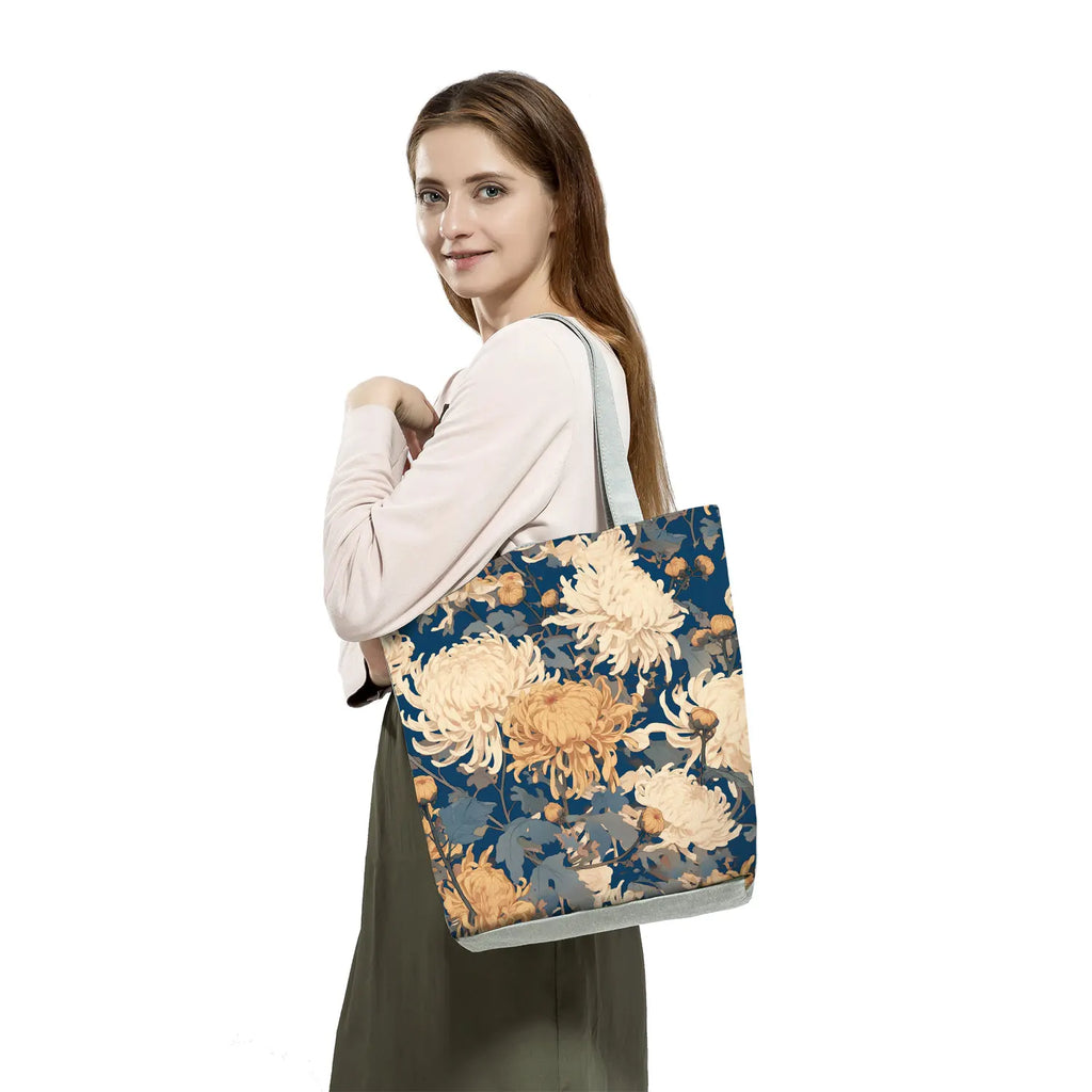 Japan Ukiyoe Print Handbags Groceries Kimono Woman Shopping Bags Women Large Capacity Shoulder Bag Chrysanthemum Portable Tote