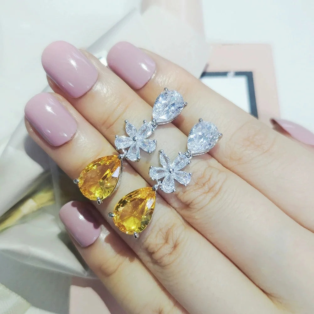 Female White Yellow Zircon Stone Flower Water Drop Earrings Cute Trendy Bridal Silver Color Dangle Wedding Jewelry For Women