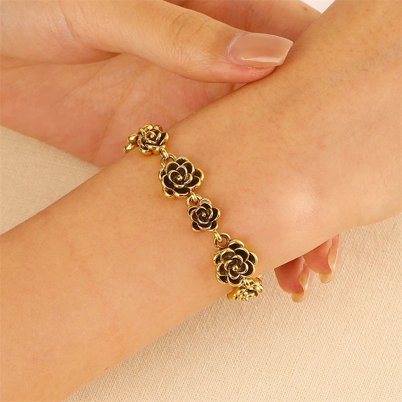 Vintage  rose bracelet female ins style European and American design sense alloy flower bracelet temperament hand jewelry