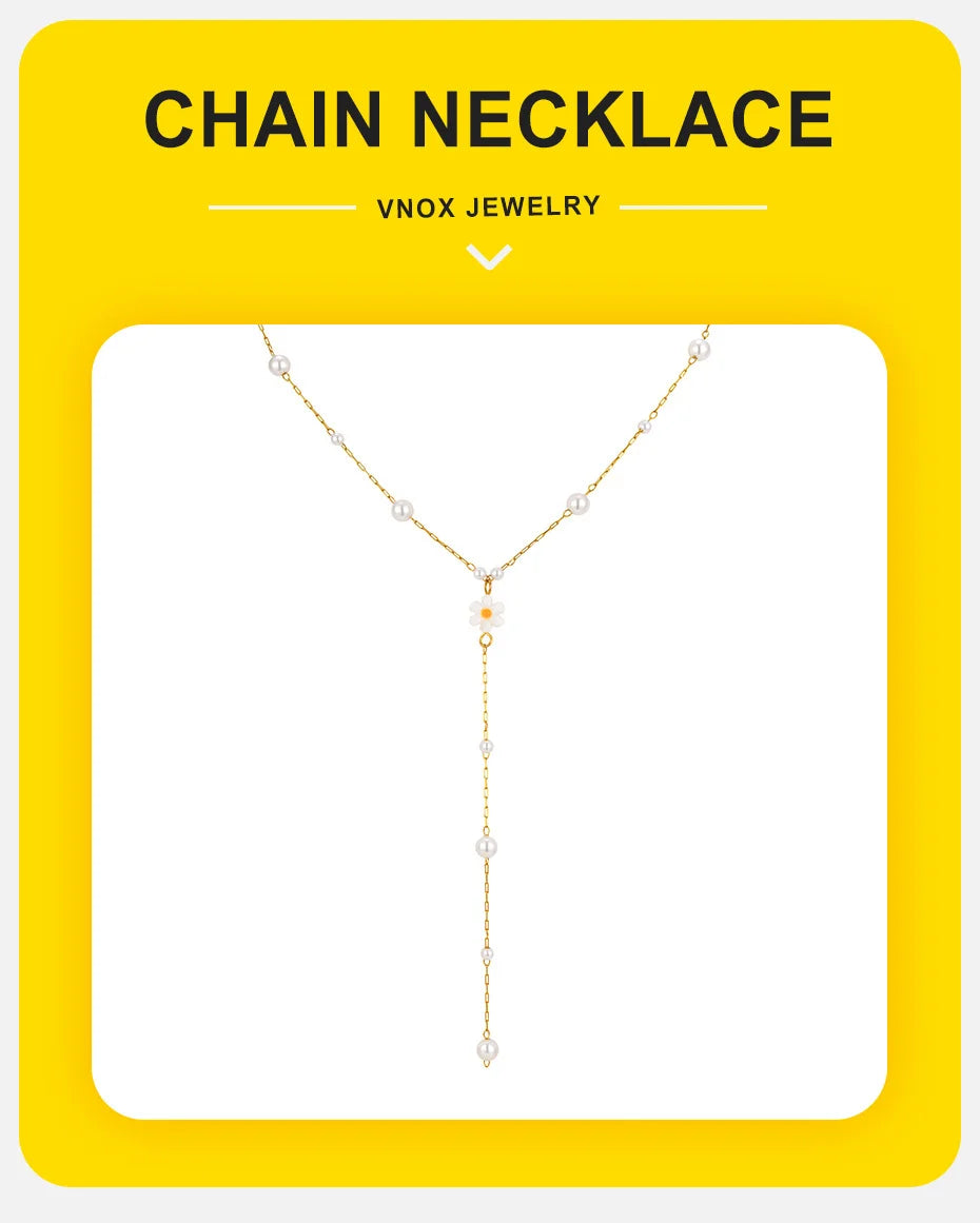 Vnox Flower Pearls Long Chain Drop Necklace For Women, Stainless Steel Waterproof Layered Jewelry, Light Luxury Collarbone Chain