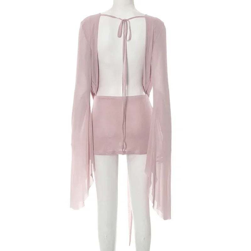 Women Swinging Collar See Through Mesh Bodycon Mini Dress Flare Long Sleeve Lace Up Ribbon Backless Holiday Cover Ups Clubwear