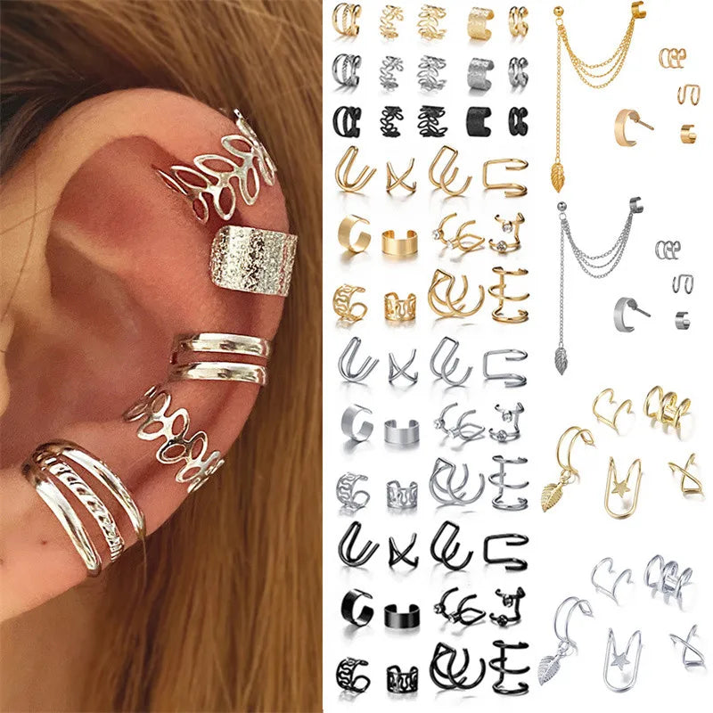 KOTiK 2024 New Gold Silver Color Leaves Clip Earrings for Women Fashion Ear Cuff Non-Piercing Earrings Set Trend Jewelry Gift