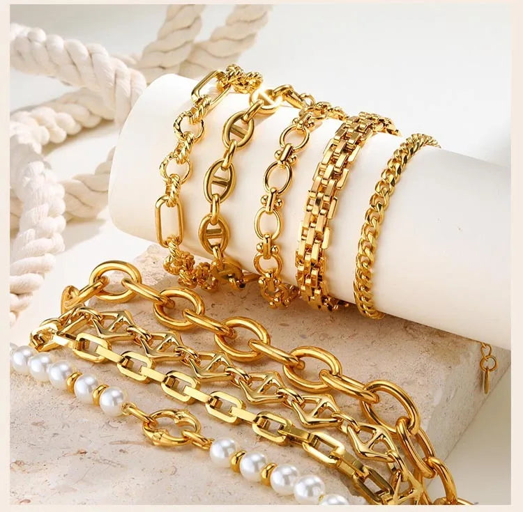 Gold Plated Chunky Chain Bracelet, Stainless Steel Minimalist Link Waterproof, Thick Brand Wristband Bangle For Women