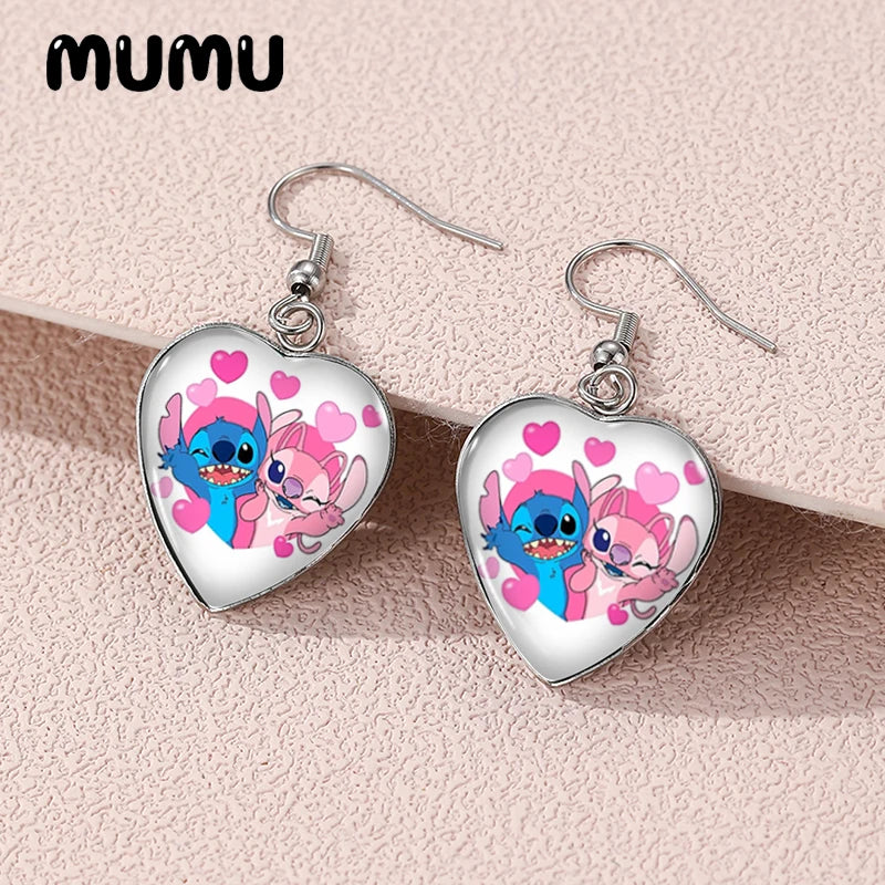 2024 New Lilo Stitch and Angel Dangle Earring Heart Shaped Earrings Handmade Glass Dome Jewelry Gifts Fans