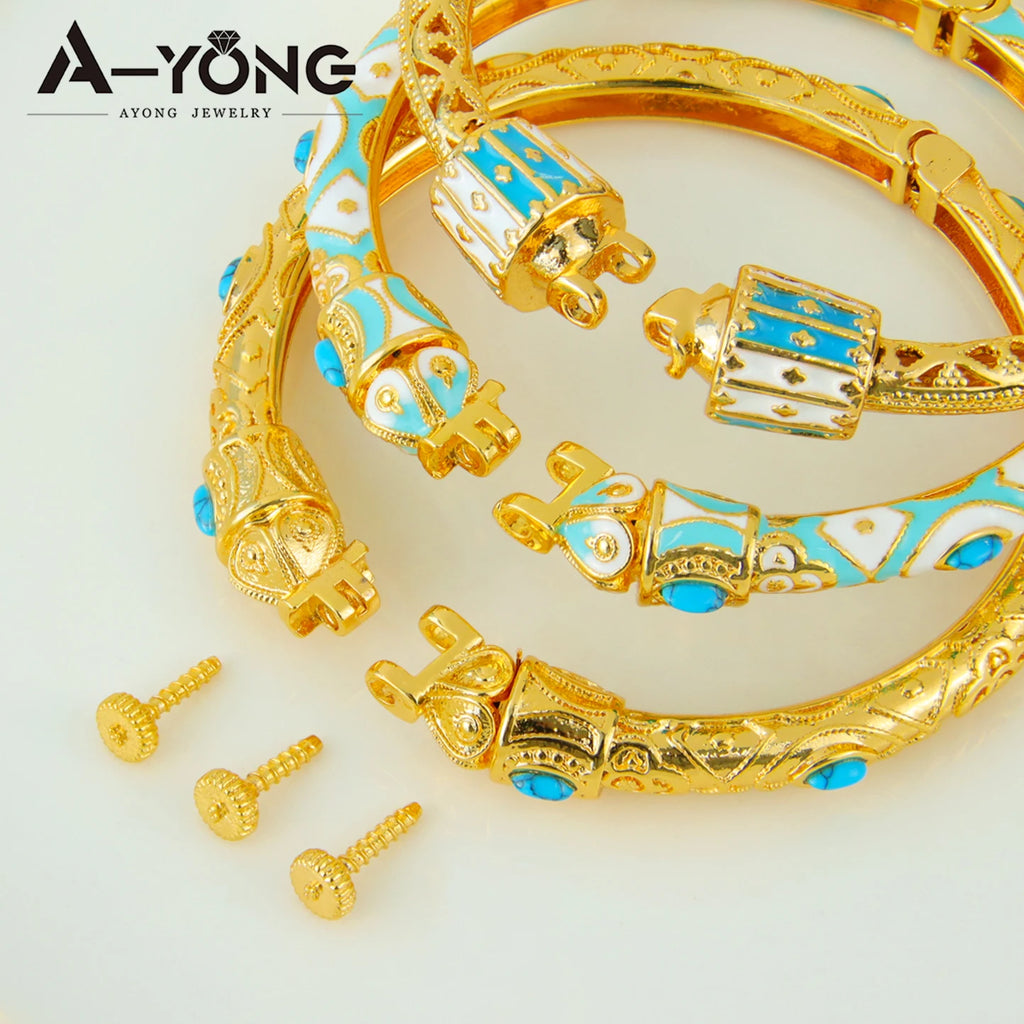 Ethiopia Classic Turquoise Bracelet 21k Gold Plated Dubai Charm Opening Bangles Oman Women Bridal Wedding Party Jewelry