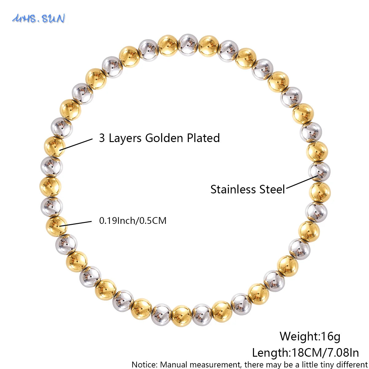 MHS.SUN Fashion Waterproof Smooth Stainless Steel Bracelets 2-10mm Elastic Beaded Gold Plated Stackable Bracelet Women Jewelry