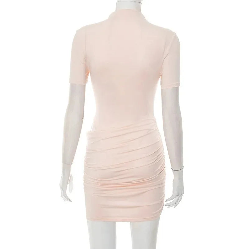 Women Hollow Out Short Sleeve Ruched Sexy Mini Dress for Women Fashion Half High Collar Skinny Club Party Dresses Female