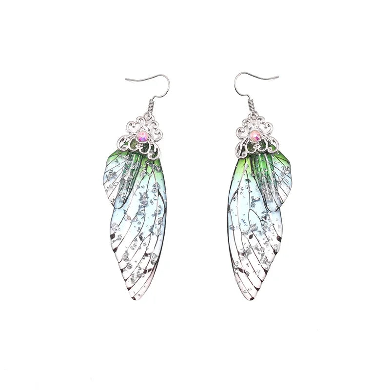 Handmade Fairy Simulation Wing Earrings Insect Butterfly Wing Drop Earrings Foil Rhinestone Earrings Romantic Bridal Jewelry