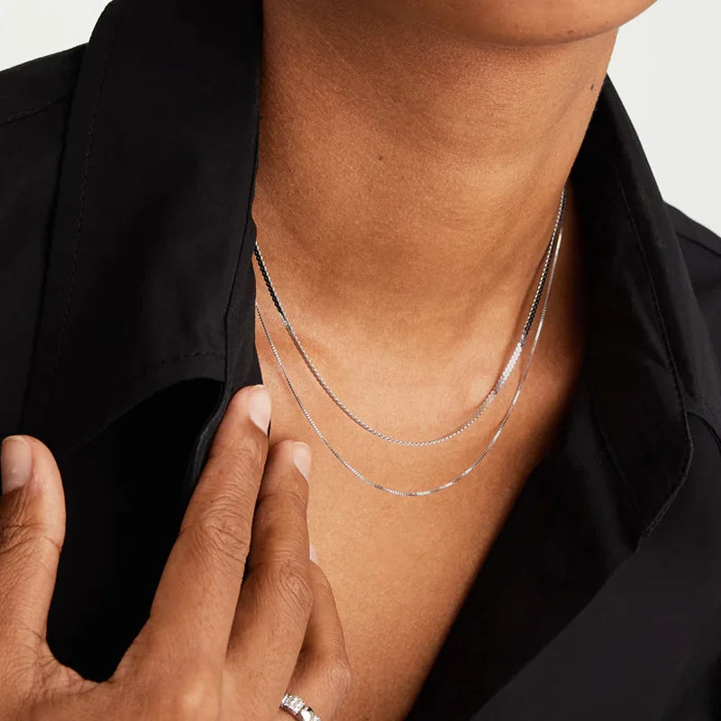BAMOER Solid Gold Over 925 Sterling Silver Chain Necklace for Women Girls, 0.8mm Box Chain Super Thin & Strong Necklace Chain