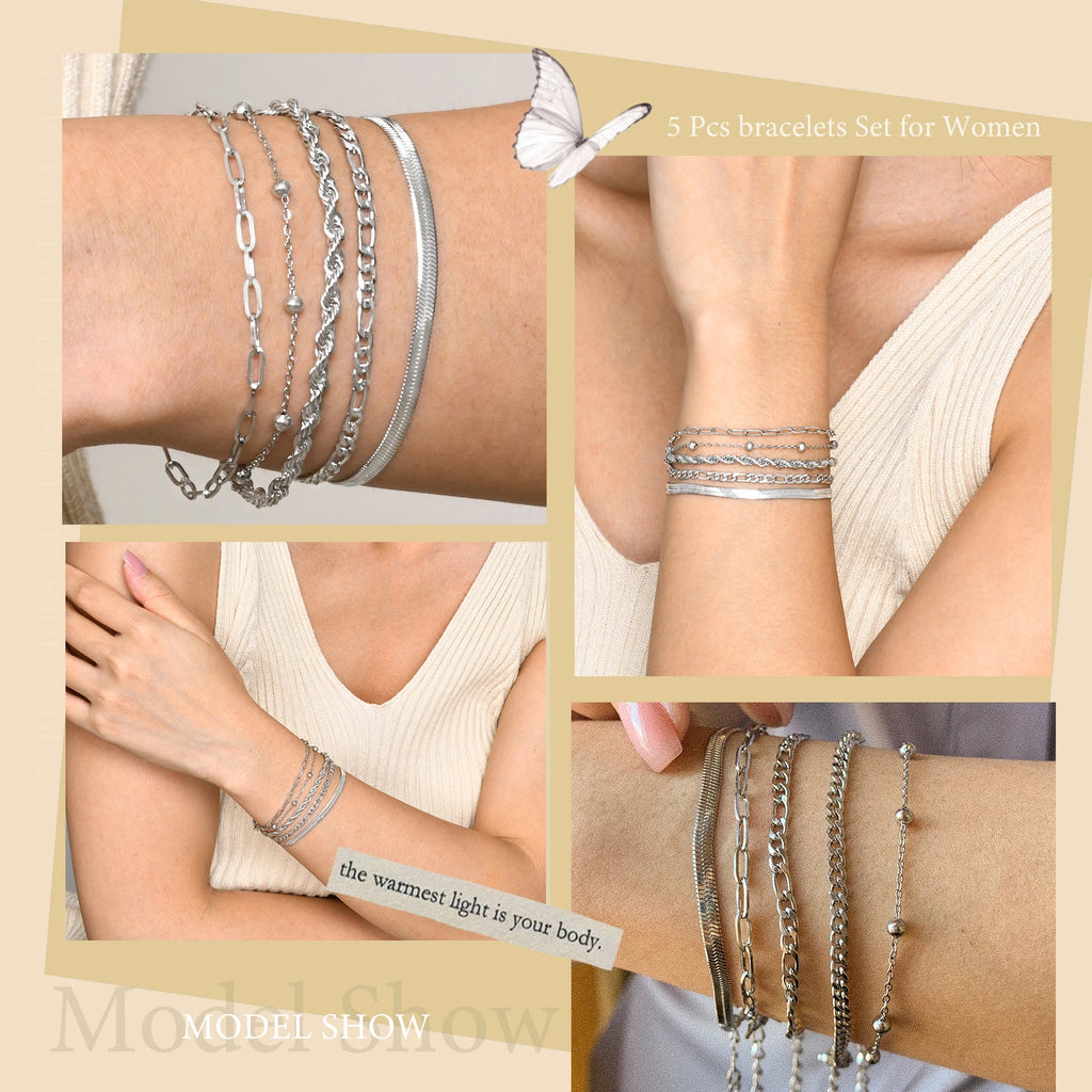 5PCS/Set Women Gold/Silver Color Bracelets,Stainless Steel Lady Geometric Fashion Charm Chain,Multi Layers Dainty Girl Jewelry