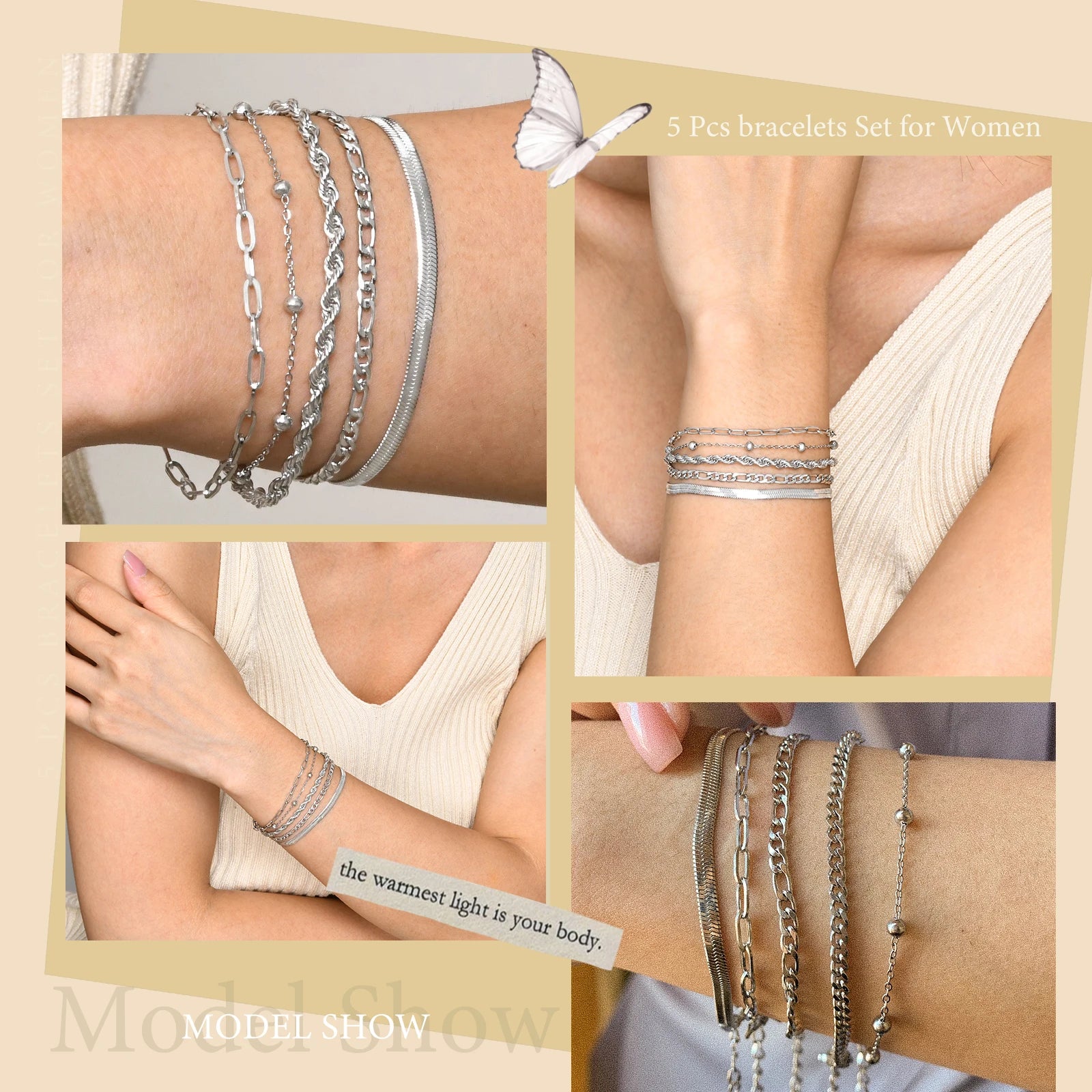 5PCS/Set Women Gold/Silver Color Bracelets,Stainless Steel Lady Geometric Fashion Charm Chain,Multi Layers Dainty Girl Jewelry