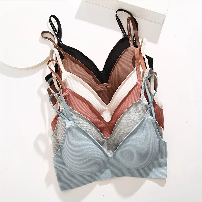 FINETOO 1PCS Women Sexy Seamless Bras Deep V Neck Bralette Sexy Lingerie Letter Strap Tops Push Up Underwear Wireless Brassiere