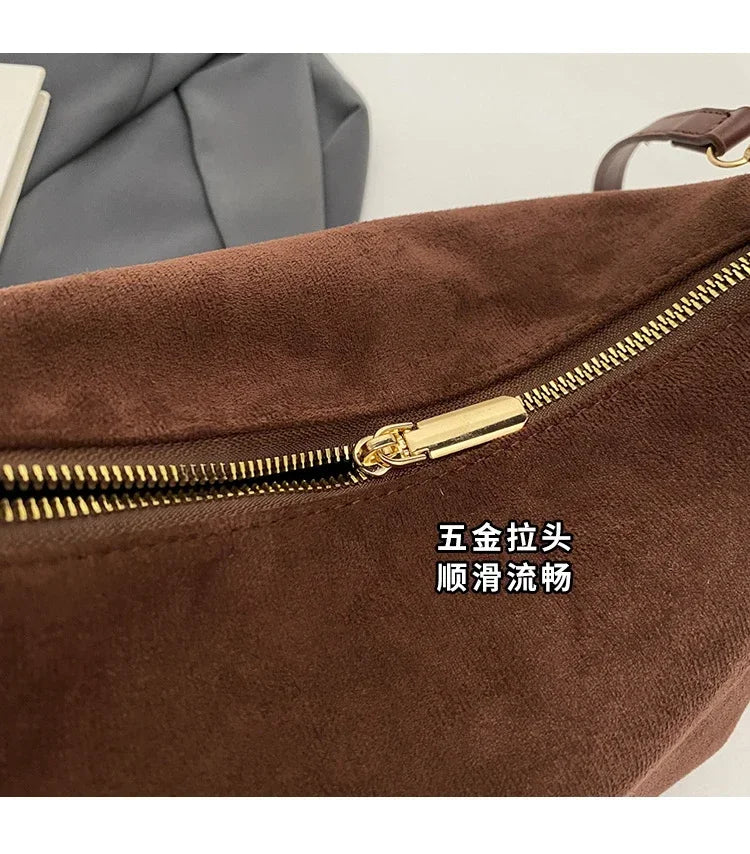 New Solid Color PU Zipper Women's Bag Suede Large Capacity Women's Shoulder Bag Fashion Versatile Casual Dual Purpose Handbag