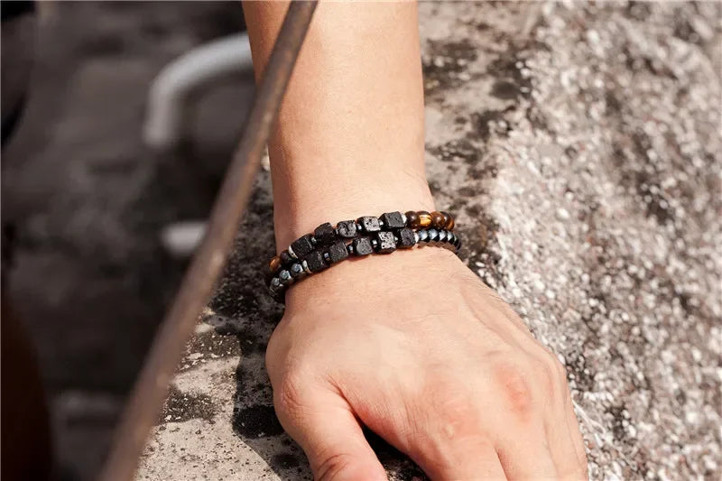 YIZIZAI Black Matte Onyx with Cube Lava Bracelet Yoga Balance Energy Stretch Bracelet Men Women Natural Gemstone Healing Jewelry