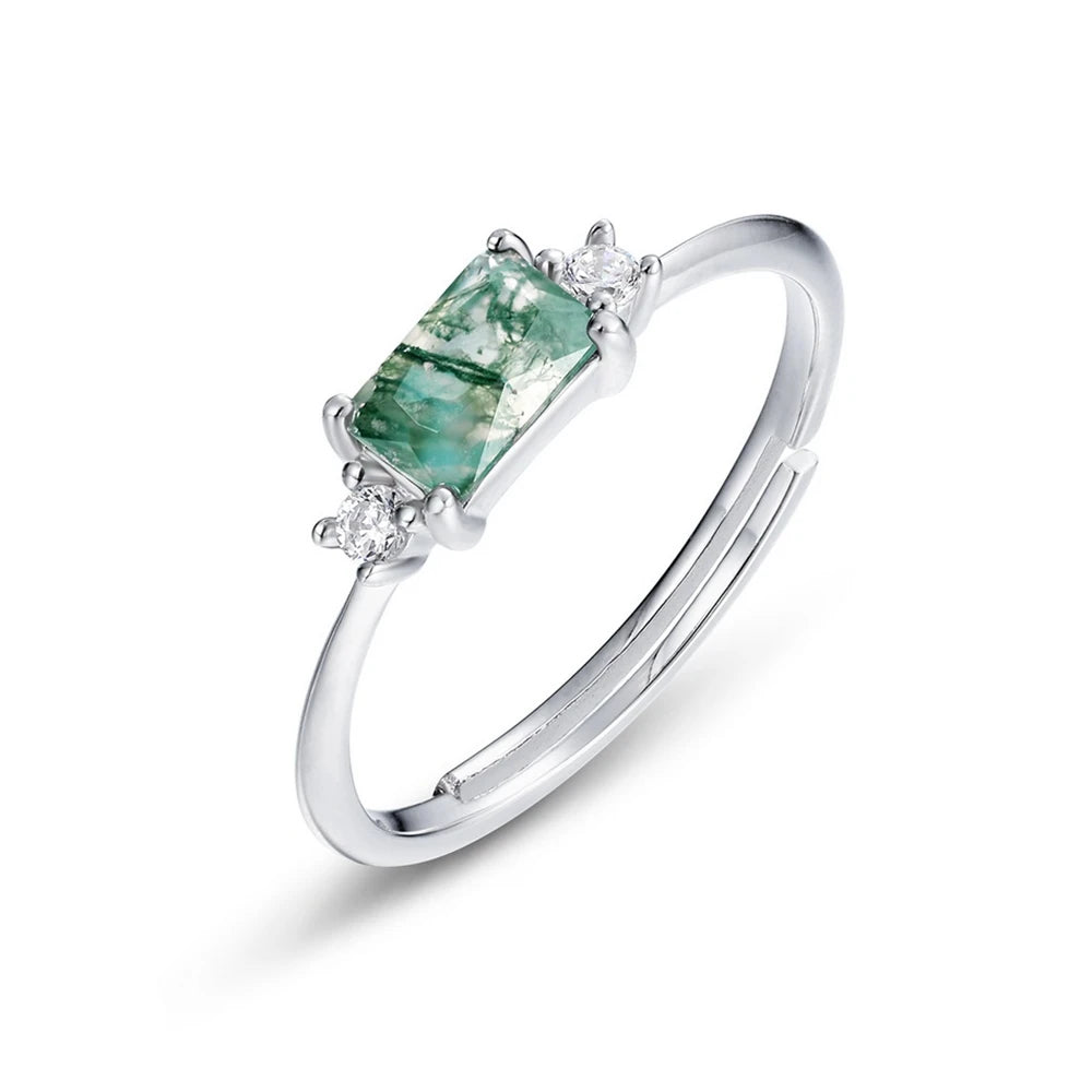 WES 925 Sterling Silver Open Ring for Woman Classic Unique Green Moss Agate Crystal Ring Engagement Gift Wholesale Oval Cut
