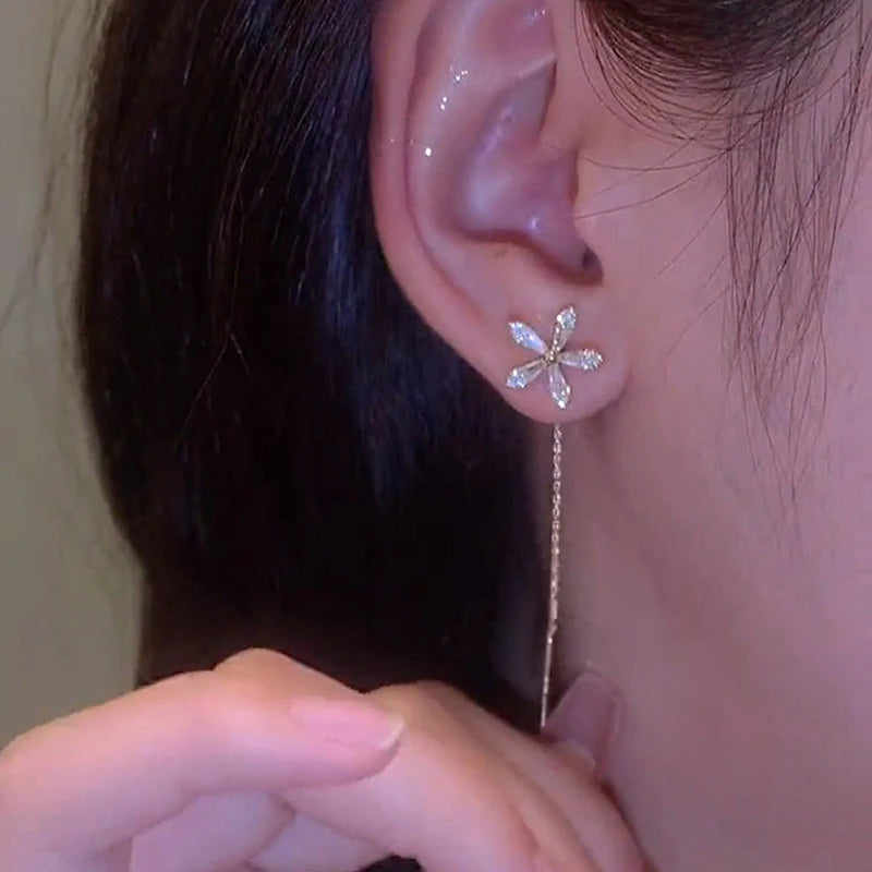 S925 Silver Needle Micro-inlaid Zircon Flower Ear Line Exquisite Light Luxury High Quality Drop Earring Star Jewelry Gifts