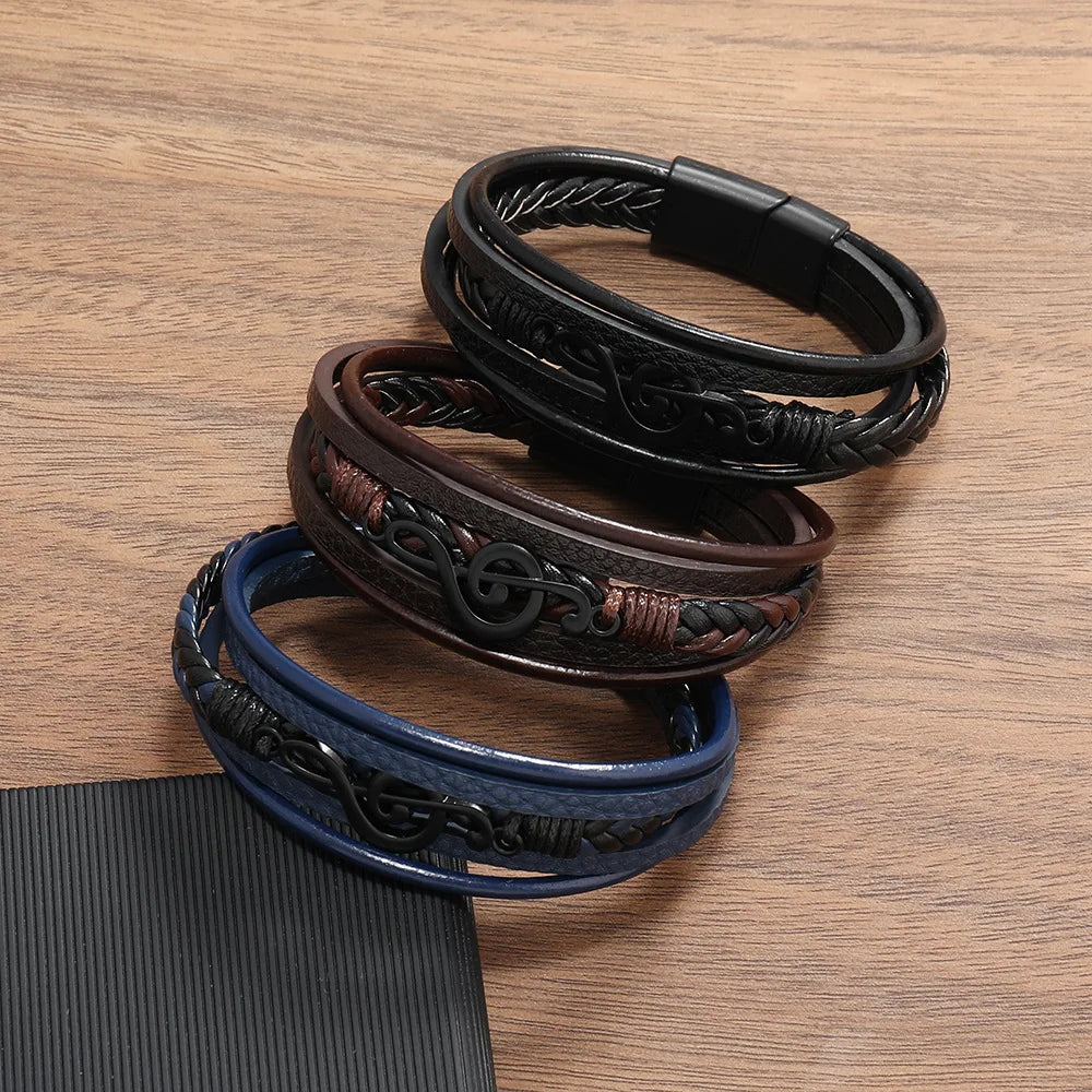 Men's Musical Symbol Leather Bracelet Vintage Creative Men's Bracelet Music Symbol Simple Leather Multi-Layer Bracelet