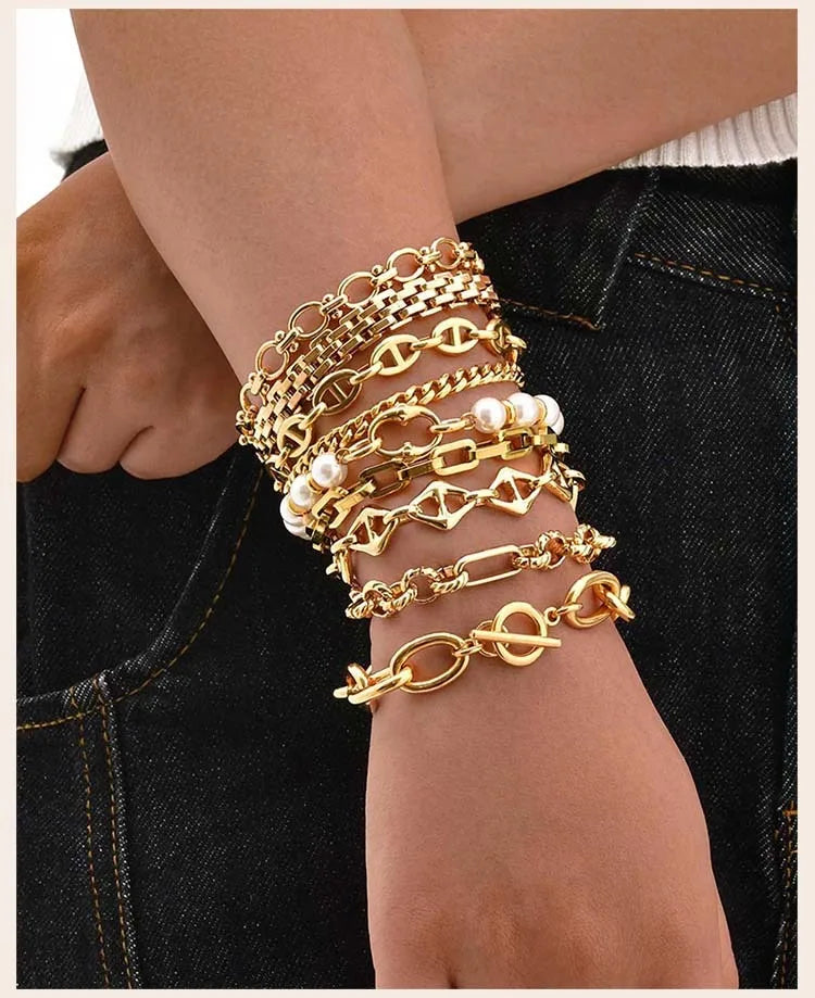 Gold Plated Chunky Chain Bracelet, Stainless Steel Minimalist Link Waterproof, Thick Brand Wristband Bangle For Women